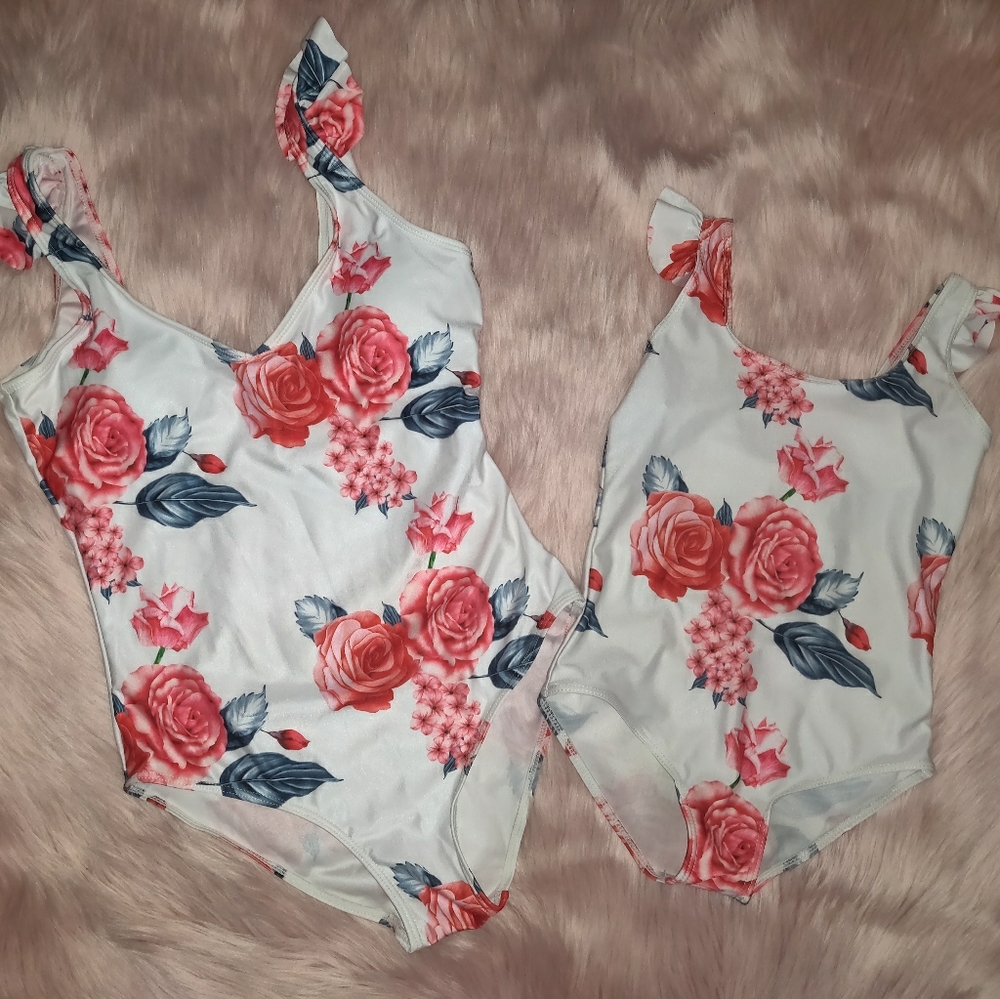 Mother and daughter matching one piece swimsuits